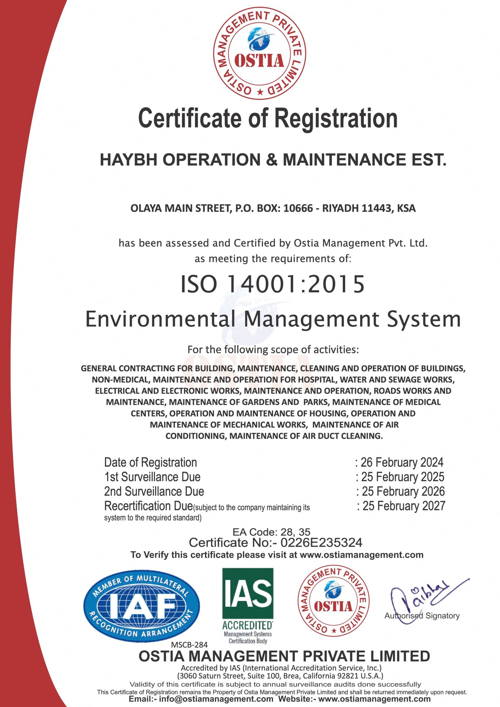 HAYBH OPERATION & MAINTENANCE EST. - ISO 14001 | شهادة الايزو