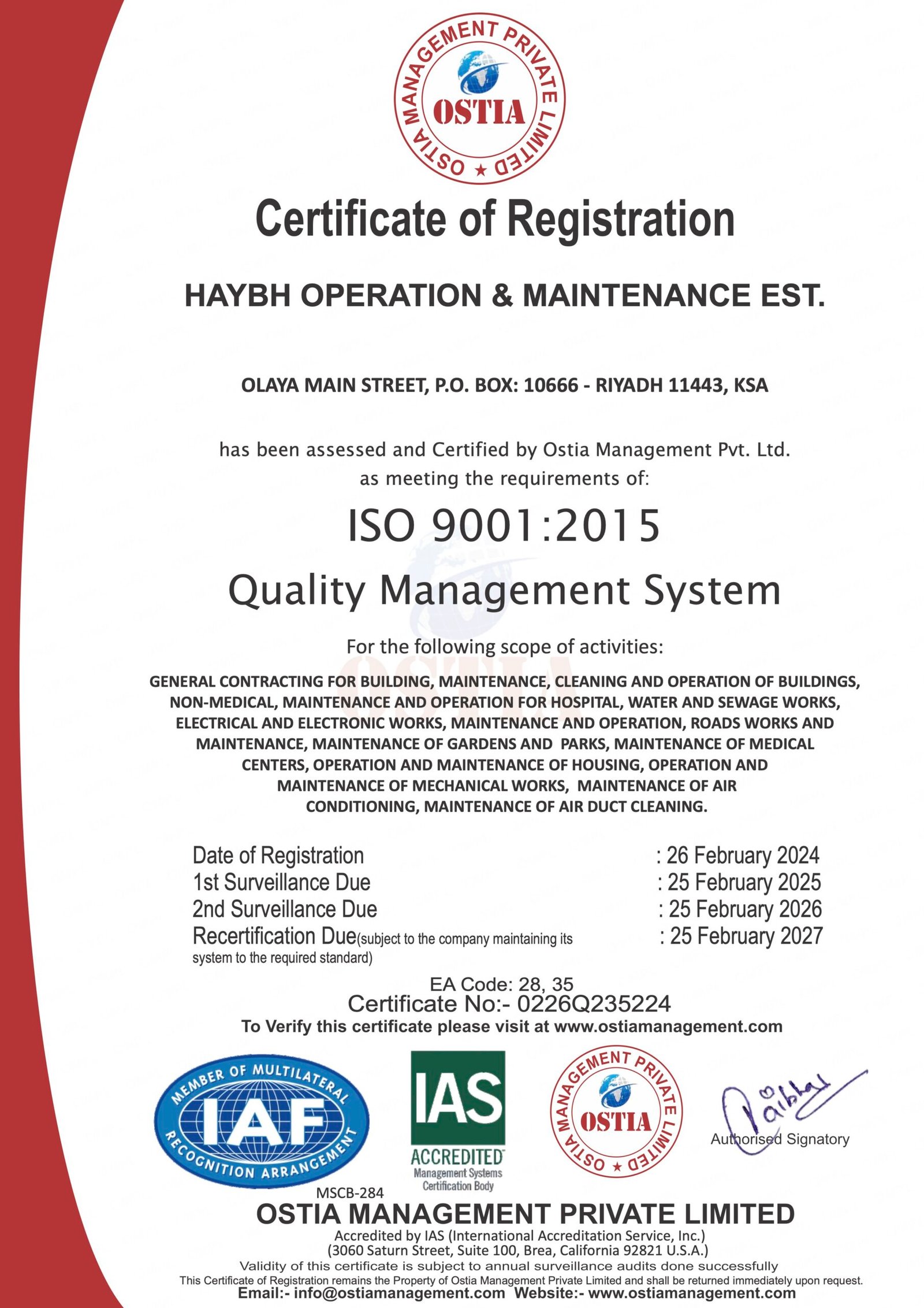 HAYBH OPERATION & MAINTENANCE EST. - ISO 9001